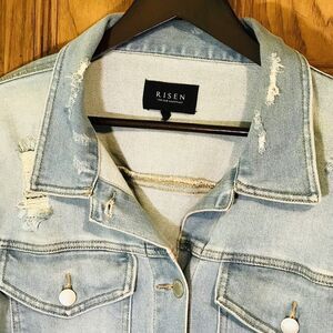 Risen Denim Jean Jacket Women's 3XL Distressed Destroyed Faded Blue Button Front